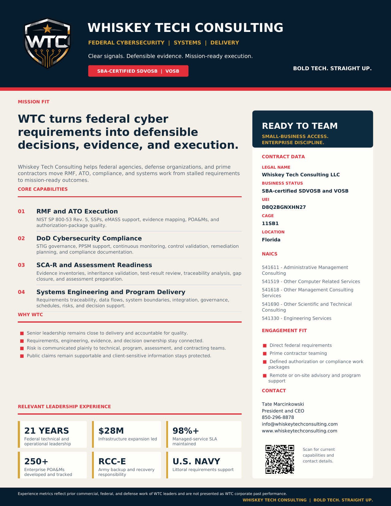 Preview of the one-page Whiskey Tech Consulting federal capability statement
